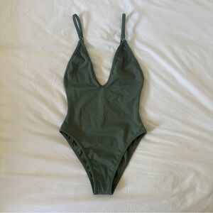 Deep V Olive Green One-Piece Swimsuit